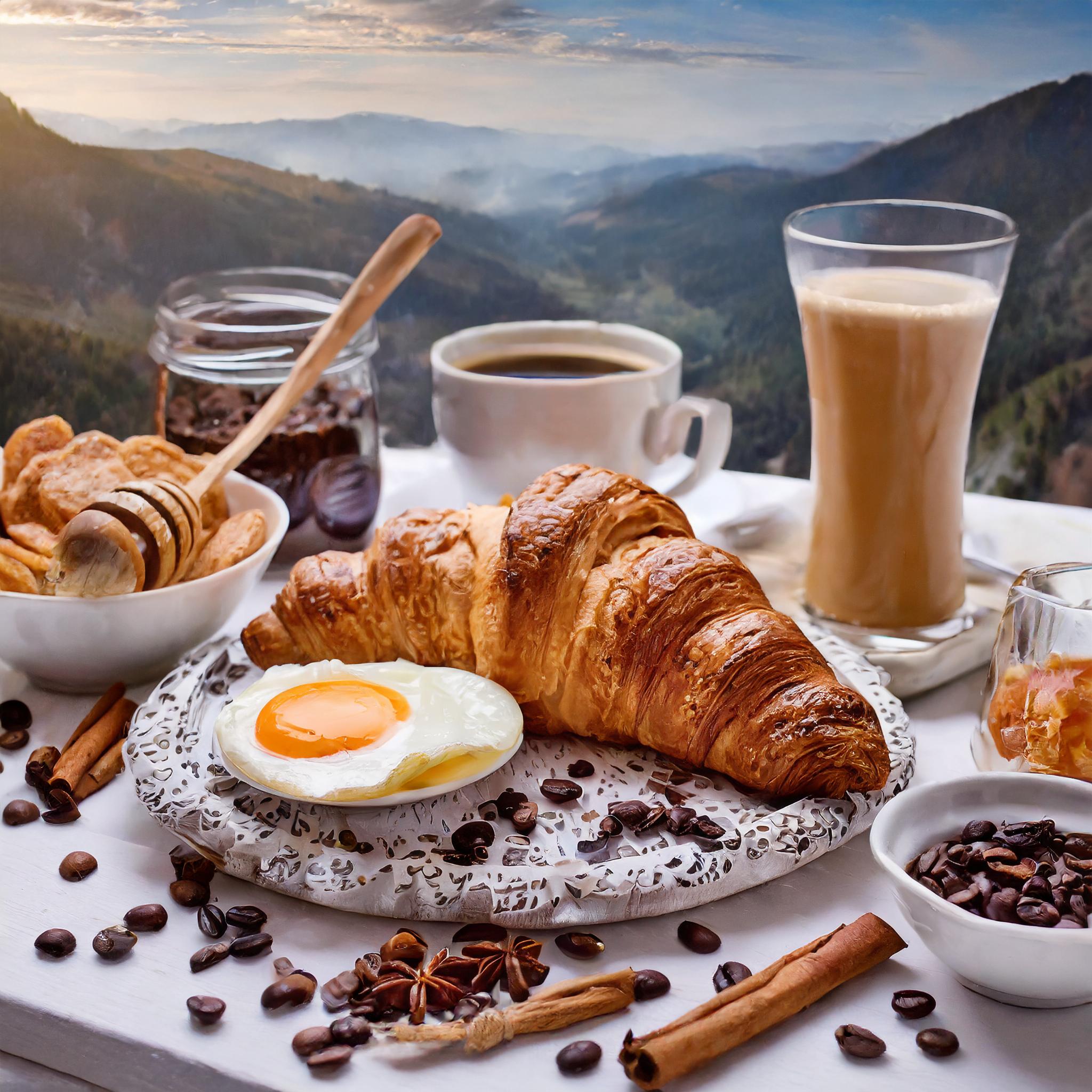 Köstlicher, gefüllter Croissant mit einem frischen Kaffee nebenbei